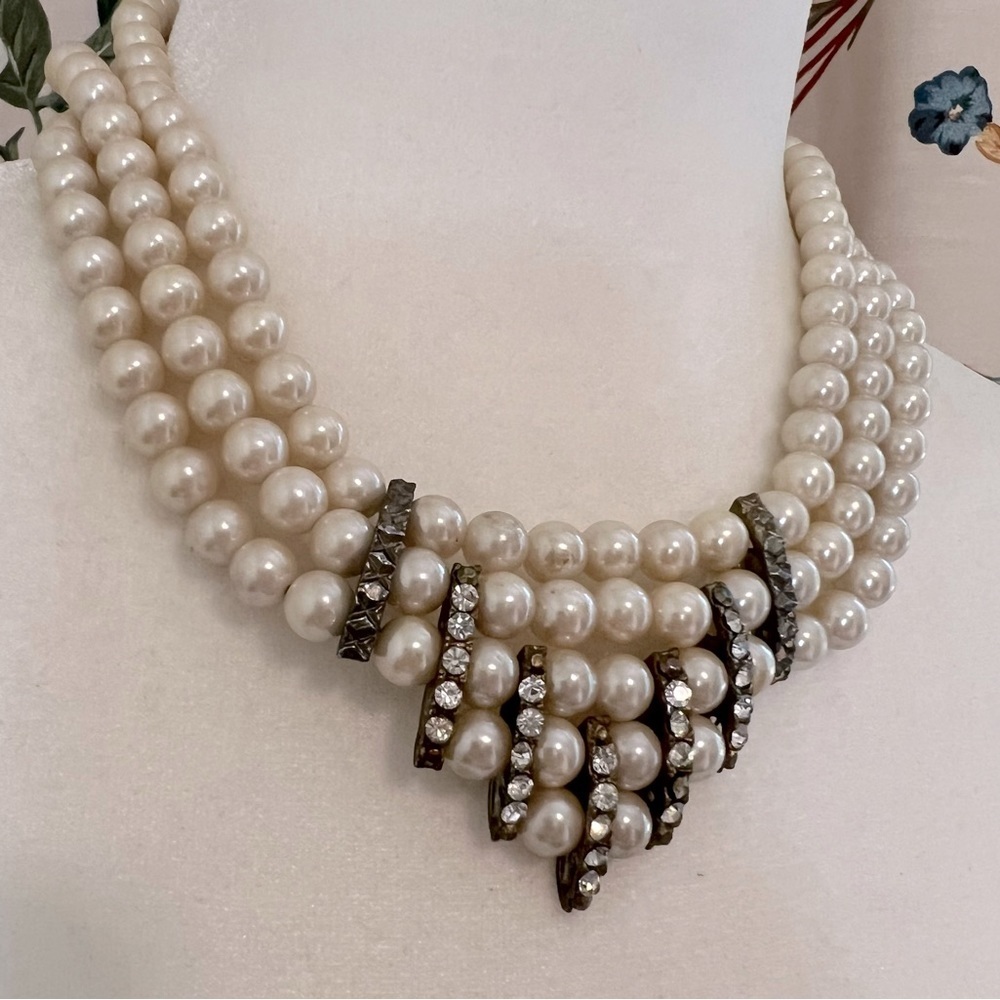 Vintage Pearl necklace Three Strand Chevron Shape Rhinestones Gold Tone Clasp